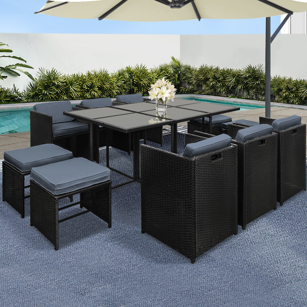 Gardeon Outdoor Dining Set 11 Piece Wicker Table Chairs Setting Black