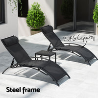 Thumbnail for Gardeon 3PC Sun Lounge Outdoor Lounger Steel Table Chairs Patio Furniture Garden