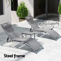 Thumbnail for Gardeon 3PC Sun Lounge Outdoor Lounger Steel Table Chairs Patio Furniture Grey