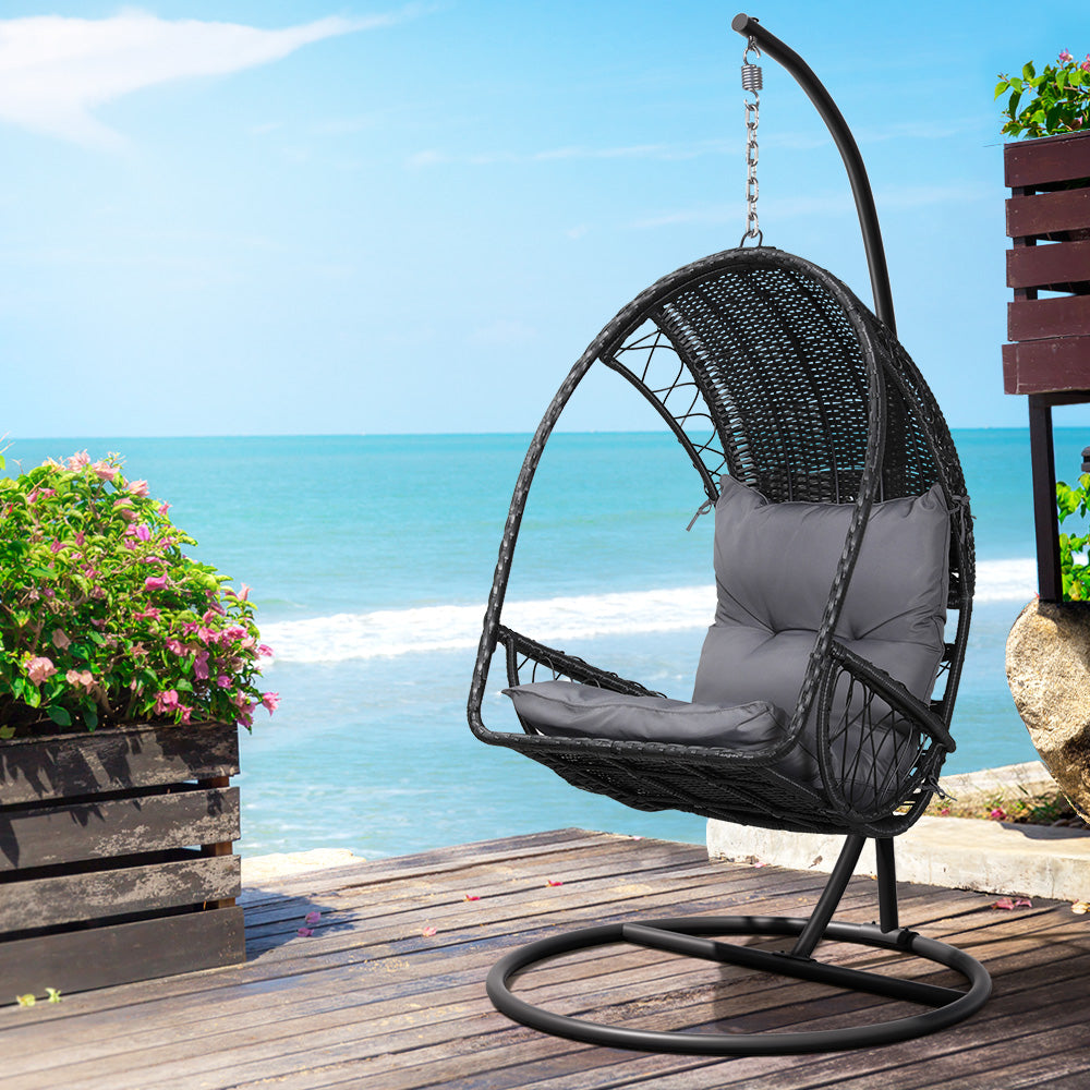 Gardeon Outdoor Egg Swing Chair Wicker Furniture Pod Stand Armrest Black