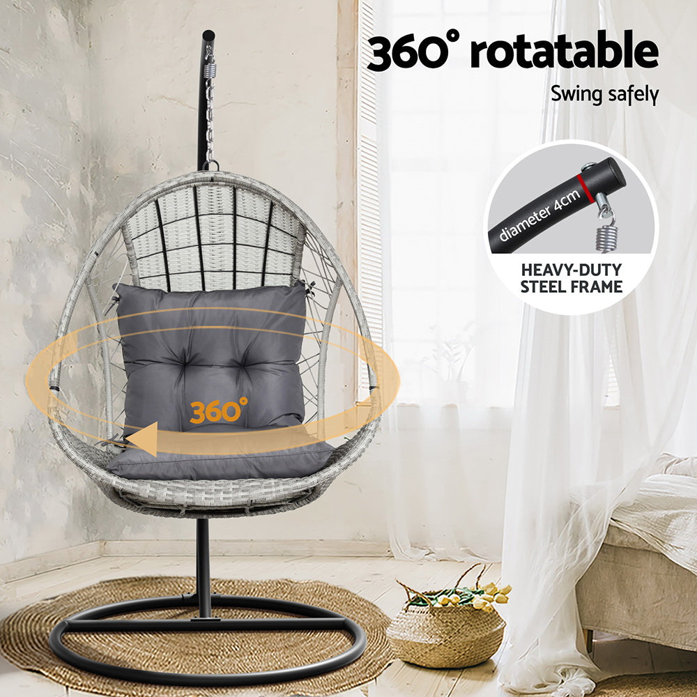 Gardeon Outdoor Egg Swing Chair Wicker Furniture Pod Stand Armrest Light Grey