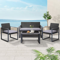 Thumbnail for Gardeon 4 PCS Outdoor Sofa Set Rattan Furniture Glass Top Table Chairs Black