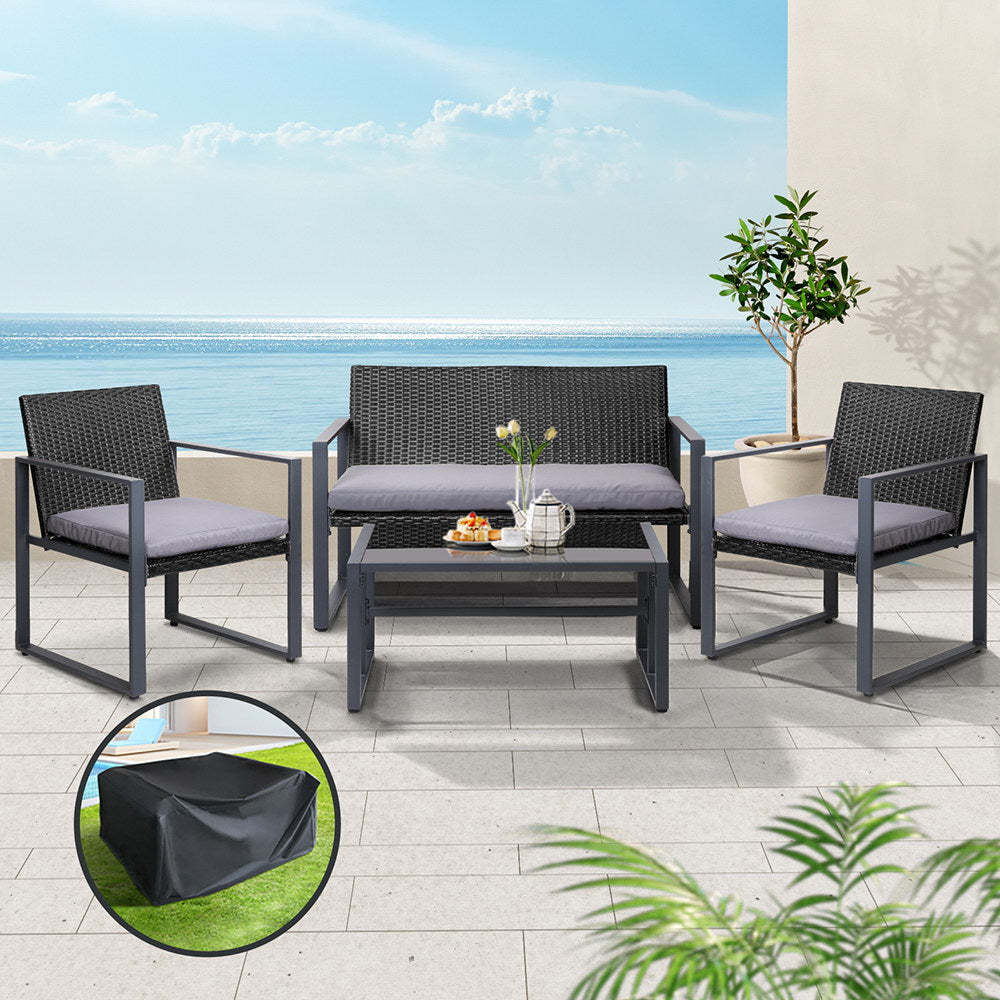 Gardeon 4 PCS Outdoor Sofa Set Rattan Furniture with Storage Cover Chairs Black