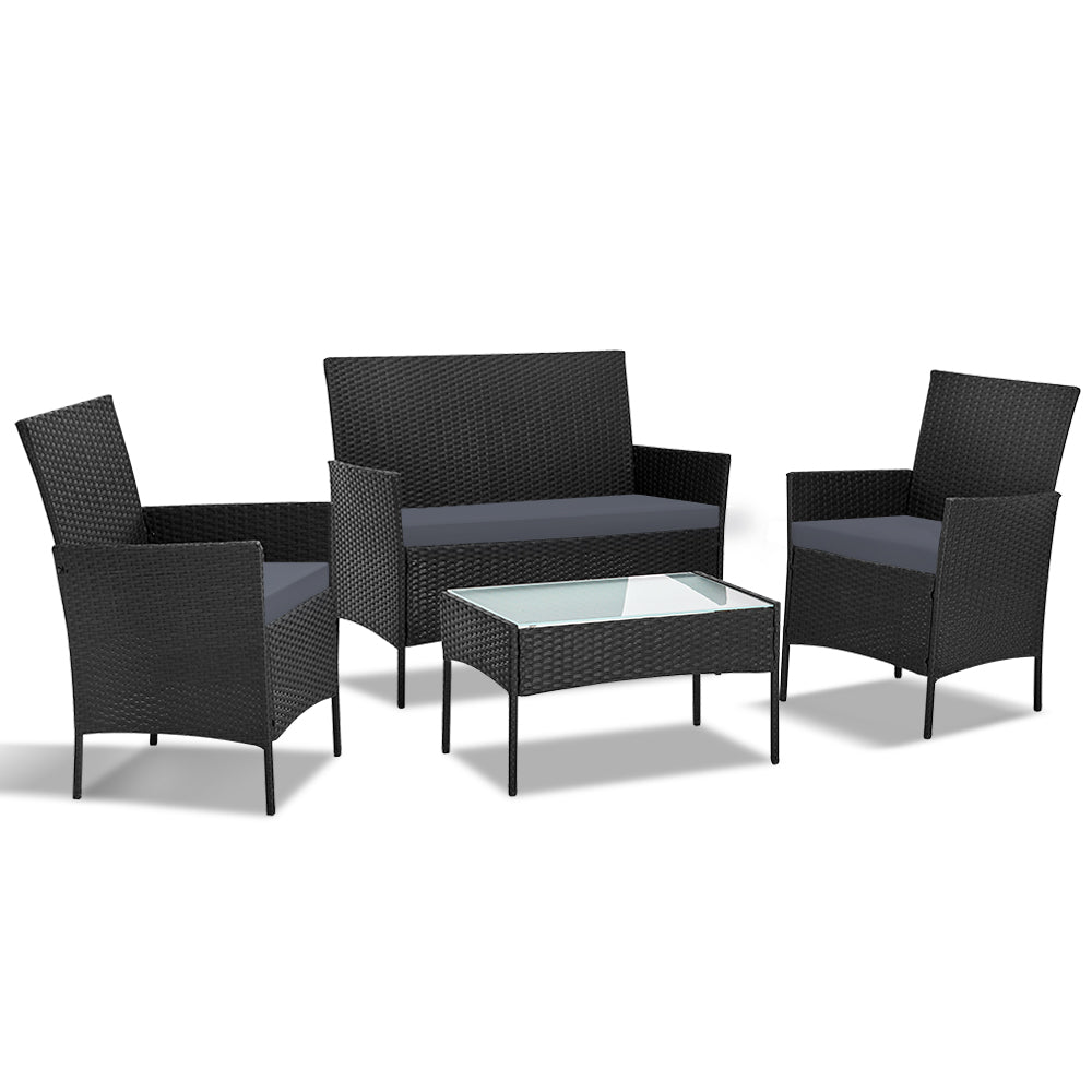 Gardeon 4 Seater Outdoor Sofa Set Wicker Setting Table Chair Furniture Black