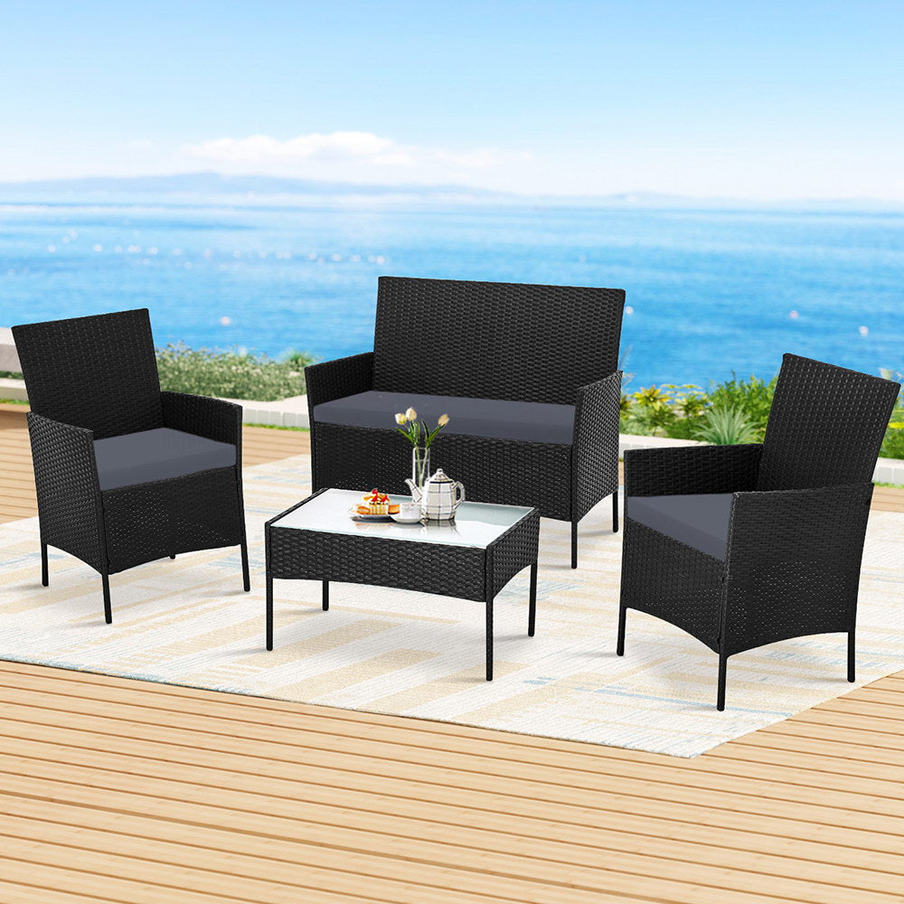 Gardeon 4 Seater Outdoor Sofa Set Wicker Setting Table Chair Furniture Black