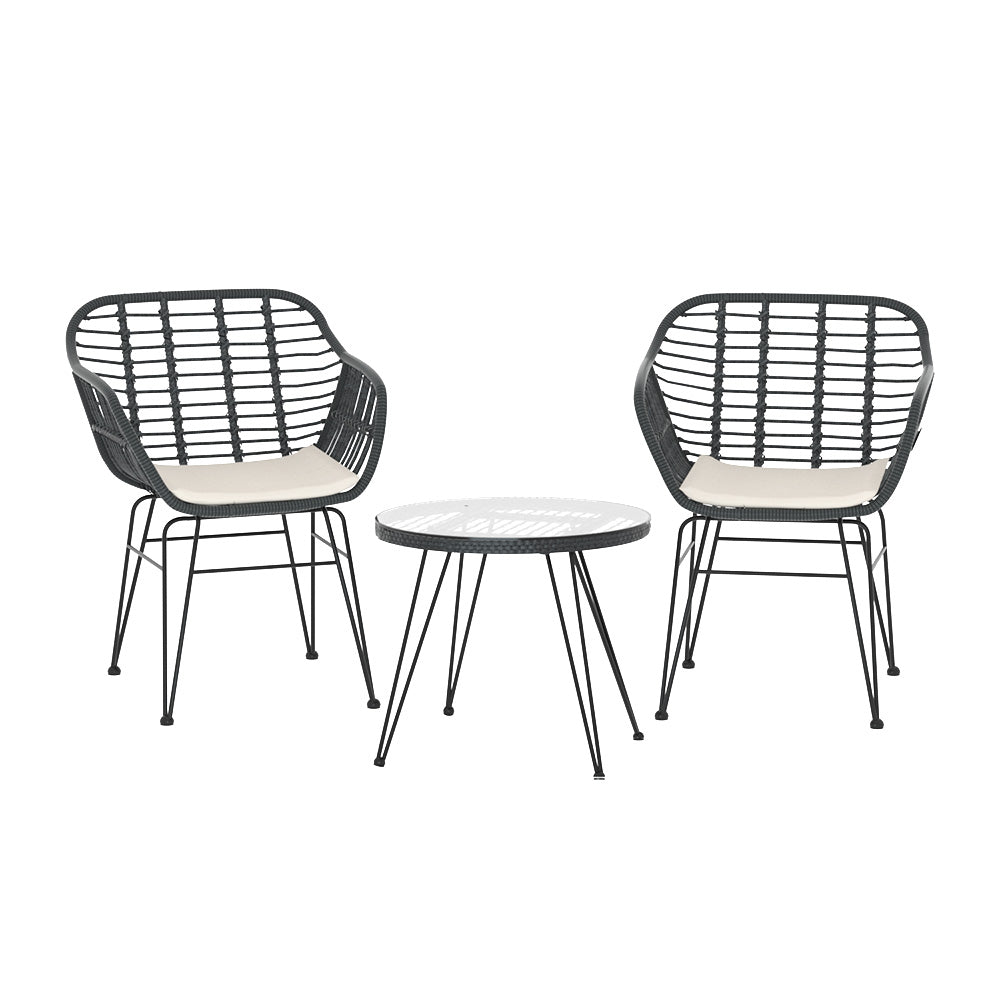 Gardeon 3PC Outdoor Furniture Bistro Set Lounge Setting Table Chairs Cushion Patio Grey