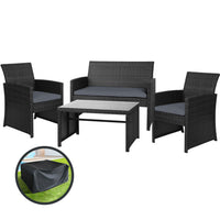 Thumbnail for Gardeon 4 PCS Outdoor Sofa Set with Storage Cover Rattan Chair Furniture Black