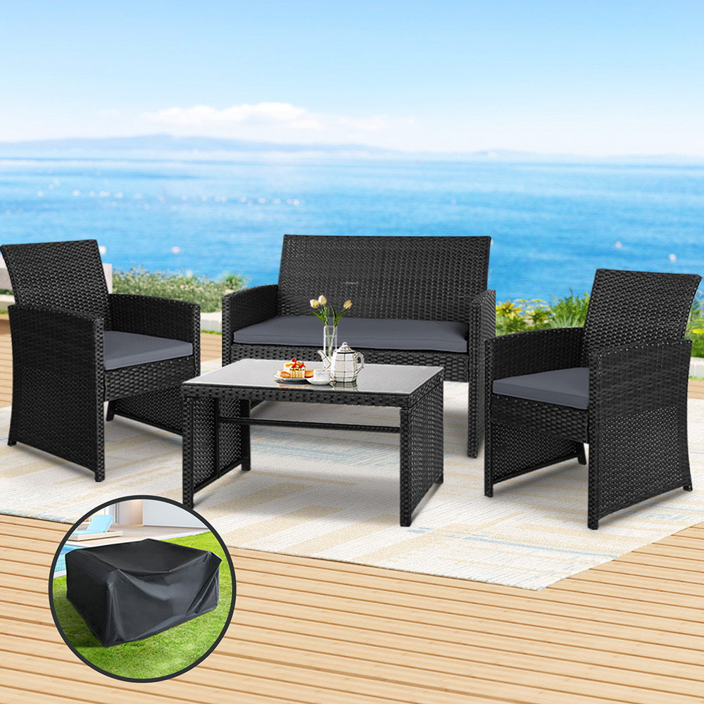 Gardeon 4 PCS Outdoor Sofa Set with Storage Cover Rattan Chair Furniture Black