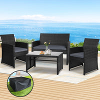 Thumbnail for Gardeon 4 PCS Outdoor Sofa Set with Storage Cover Rattan Chair Furniture Black