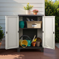 Thumbnail for Gardeon Outdoor Storage Cabinet Box 92cm Lockable Cupboard Sheds Adjustable Rattan Beige