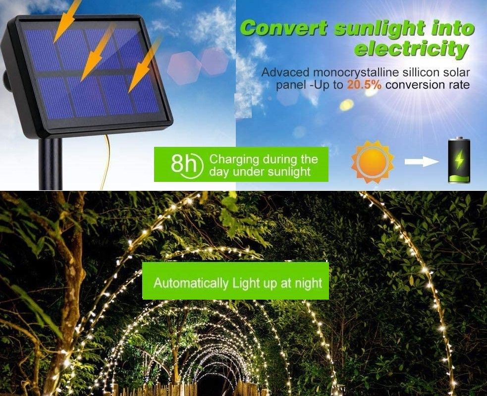 20m 200 LED Solar Powered Outdoor Lights with 8 Lighting Modes and Waterproof for Home,Garden and Decoration - Outdoor Immersion - Home & Garden > Garden Lights
