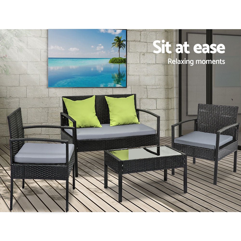 4 Seater Outdoor/Patio Sofa Furniture Set Rattan Chairs & Glass Top Table - Outdoor Immersion