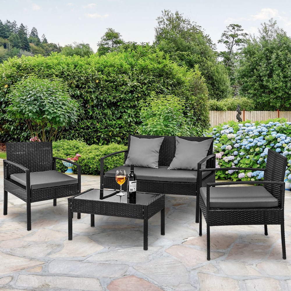 4 Seater Outdoor/Patio Sofa Furniture Set Rattan Chairs & Glass Top Table - Outdoor Immersion