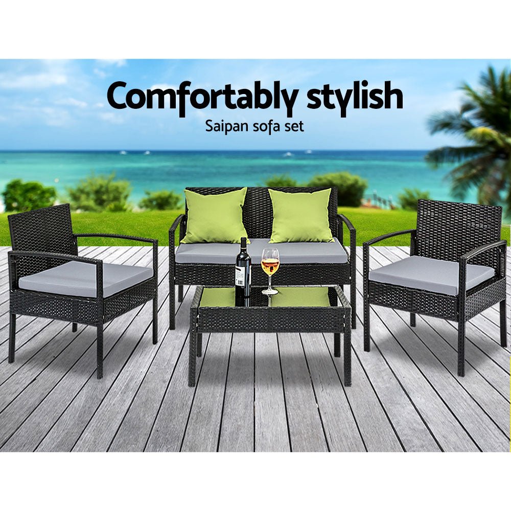 4 Seater Outdoor/Patio Sofa Furniture Set Rattan Chairs & Glass Top Table - Outdoor Immersion