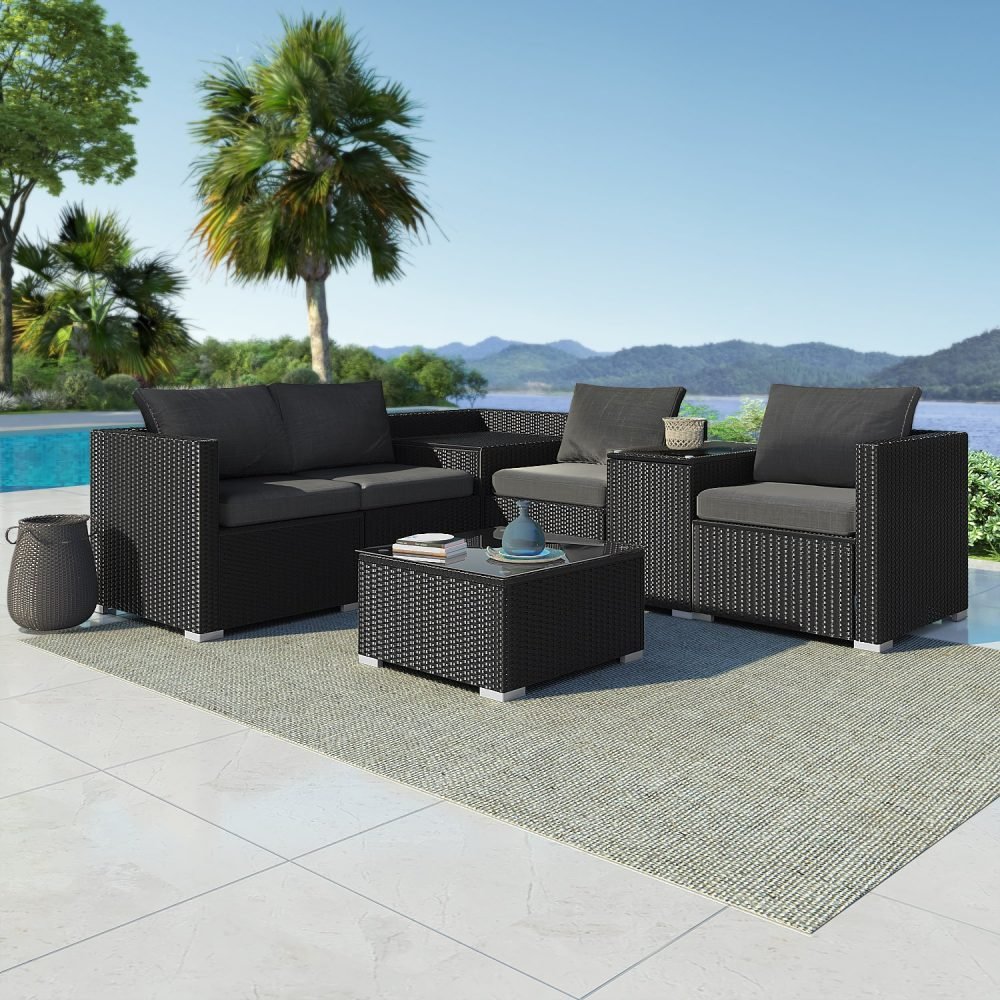 7PC Outdoor Wicker Loveseat Setting with Storage Corner (Black) - Outdoor Immersion
