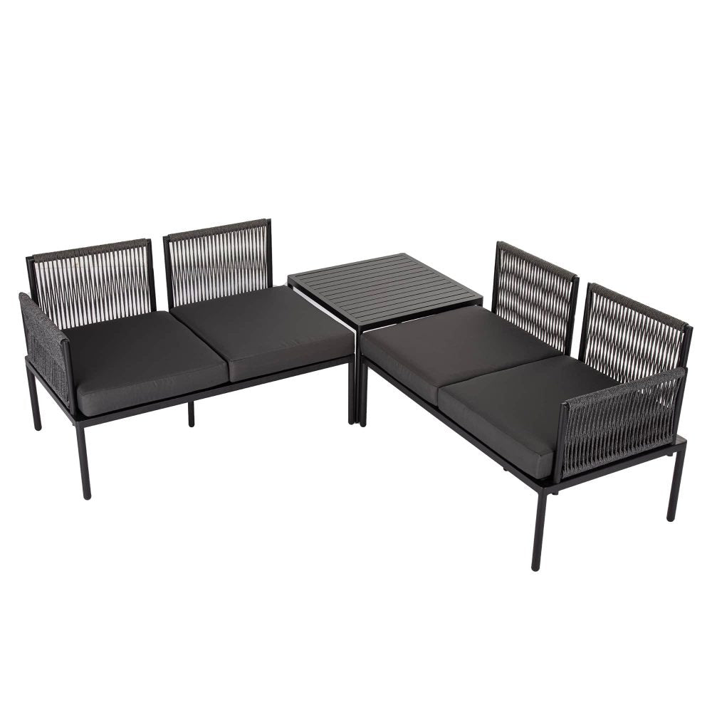 Eden 4-Seater Outdoor Lounge Set with Coffee Table in Black-Stylish Textile and Rope Design - Outdoor Immersion