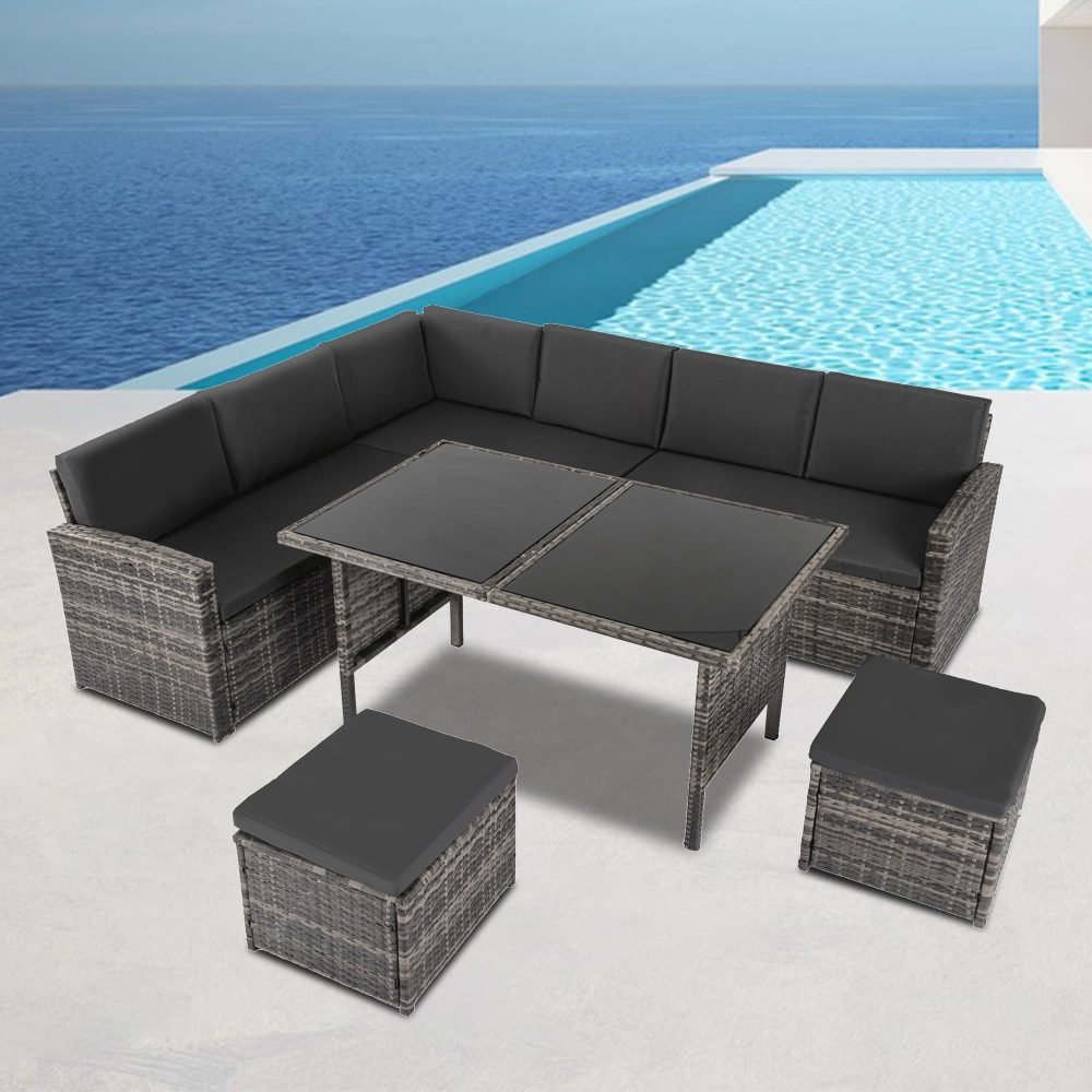 Ella 8-Seater Modular Outdoor Garden Lounge and Dining Set with Table and Stools in Dark Grey Weave - Outdoor Immersion