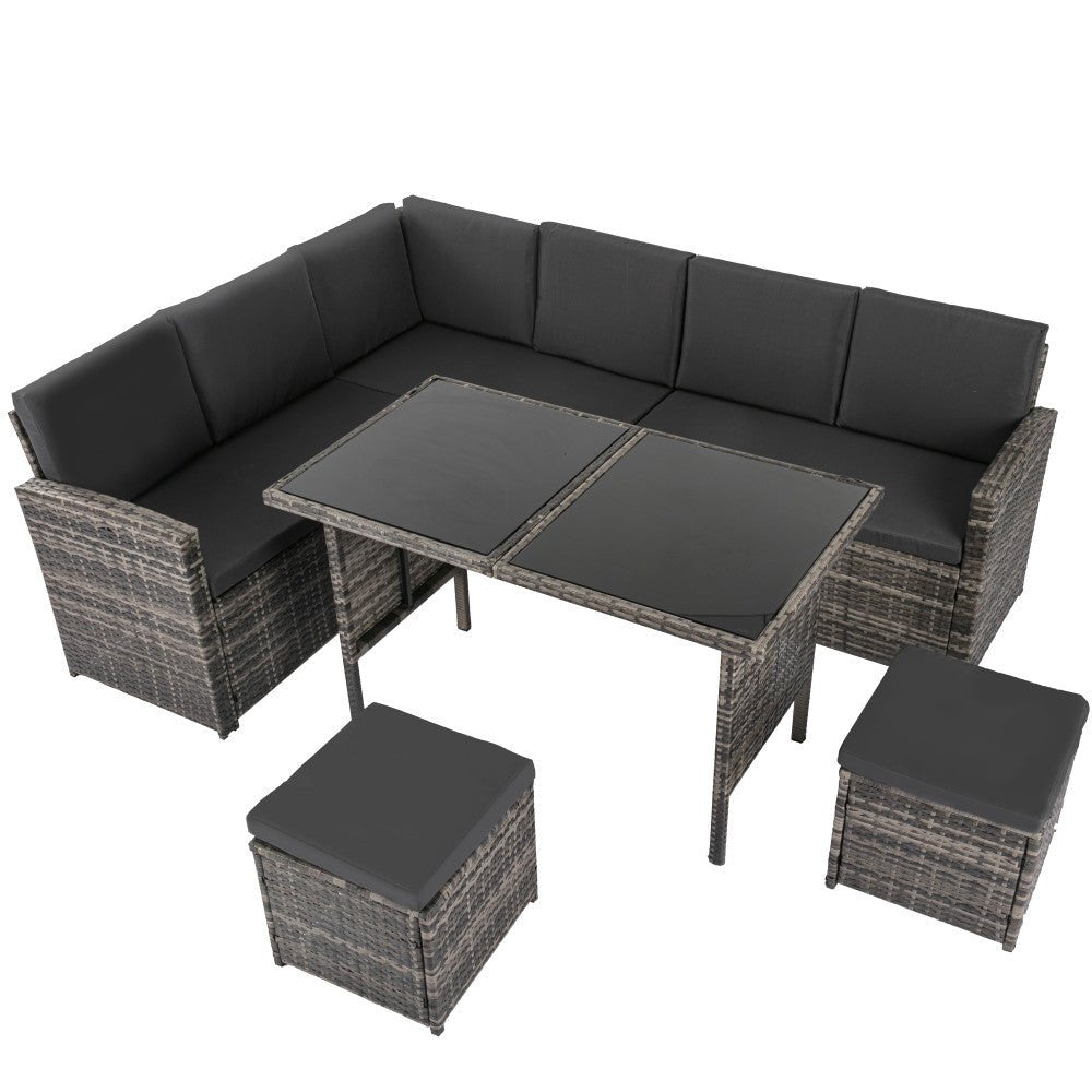 Ella 8-Seater Modular Outdoor Garden Lounge and Dining Set with Table and Stools in Dark Grey Weave - Outdoor Immersion