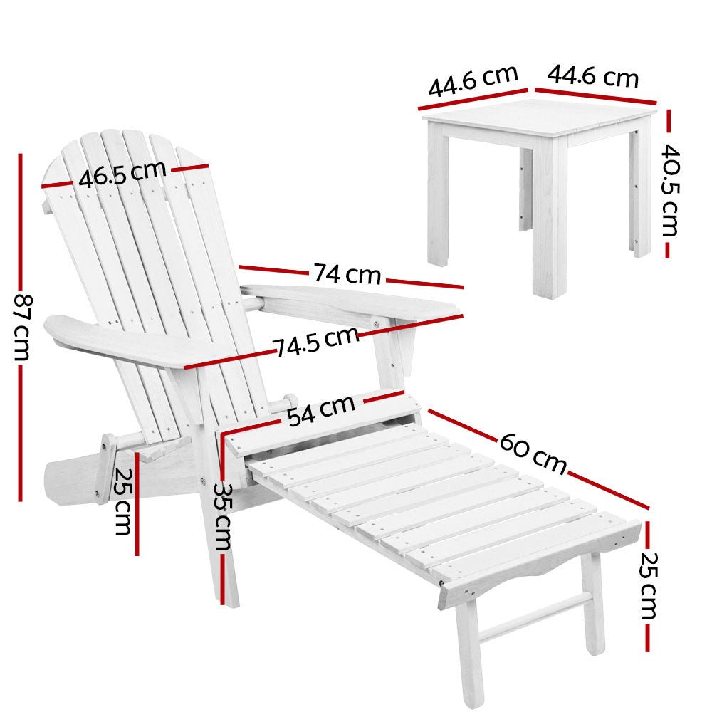 Gardeon 3 Piece Outdoor Adirondack Lounge Beach Chair Set - White - Outdoor Immersion