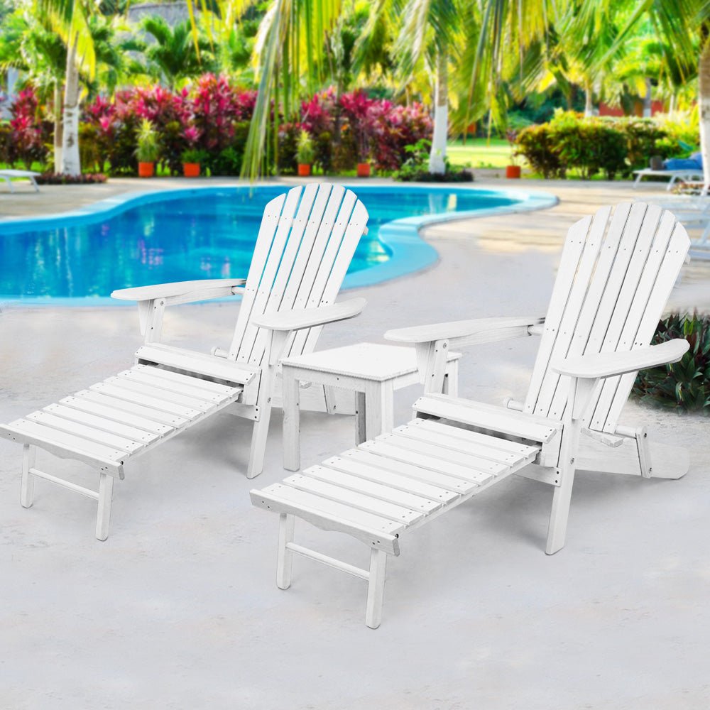 Gardeon 3 Piece Outdoor Adirondack Lounge Beach Chair Set - White - Outdoor Immersion