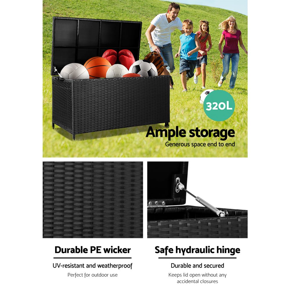 Gardeon 320L Outdoor Wicker Storage Box - Black - Outdoor Immersion