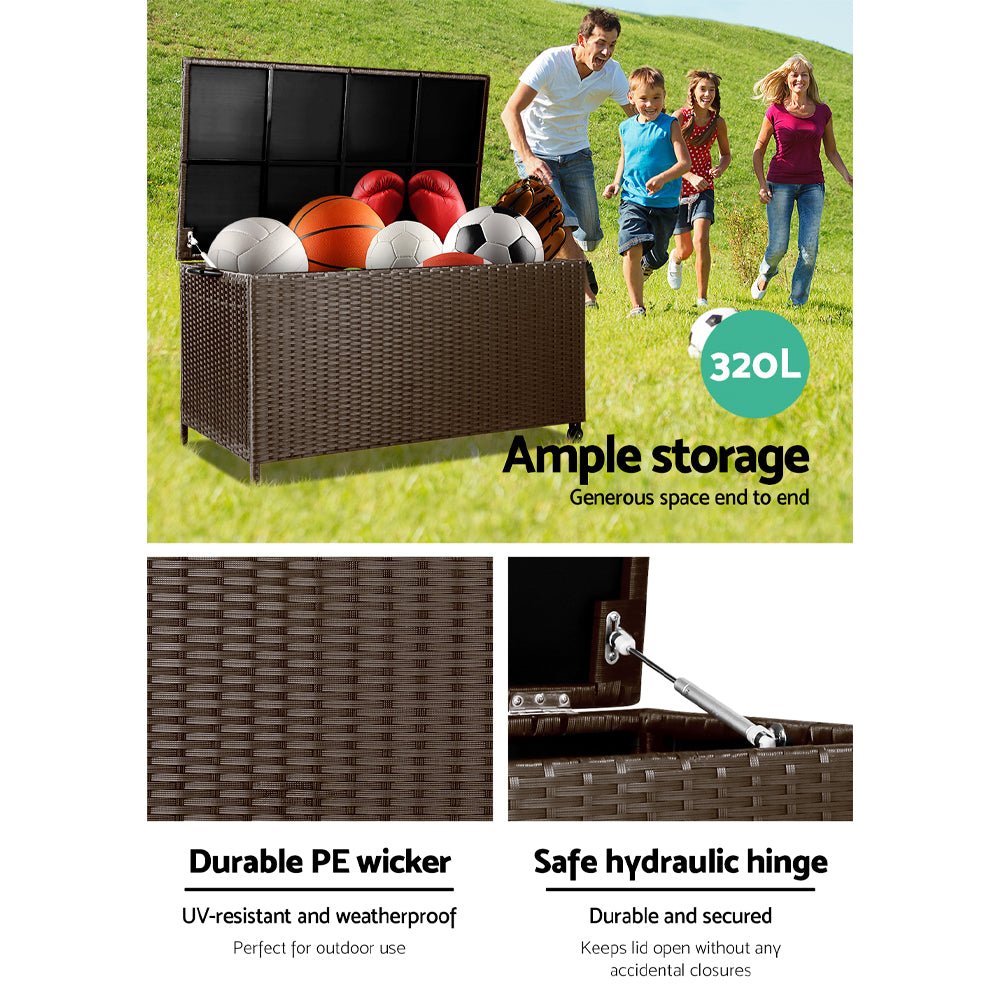 Gardeon 320L Outdoor Wicker Storage Box - Brown - Outdoor Immersion