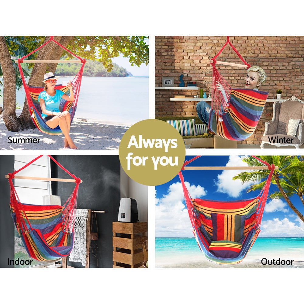 Gardeon Hammock Chair Outdoor Camping Hanging Hammocks Cushion Pillow Rainbow - Outdoor Immersion