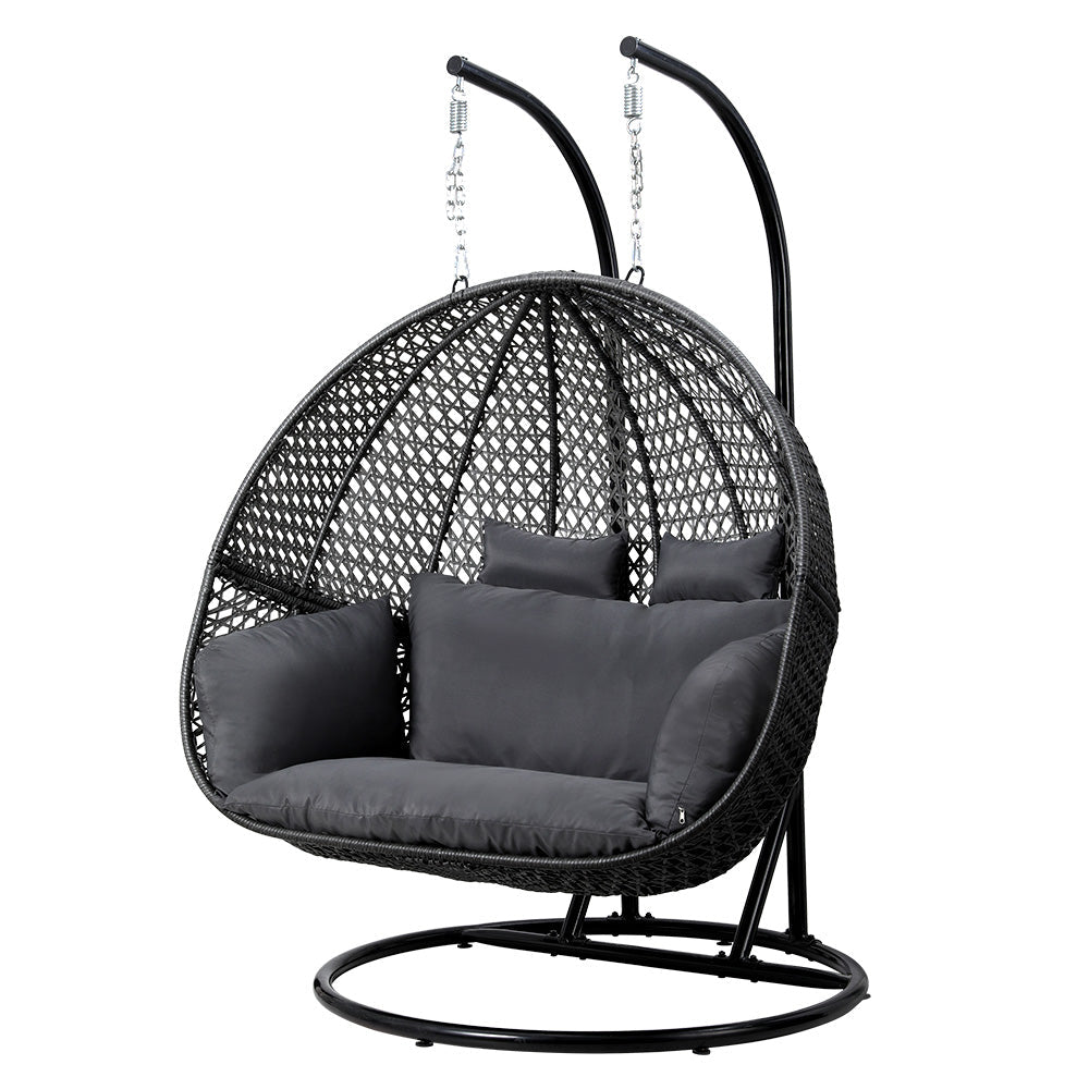 Gardeon Outdoor Egg Swing Chair Hanging Pod Chair Wicker Cushion 2 Person Grey - Outdoor Immersion