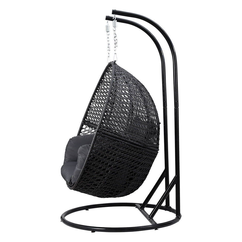 Gardeon Outdoor Egg Swing Chair Hanging Pod Chair Wicker Cushion 2 Person Grey - Outdoor Immersion