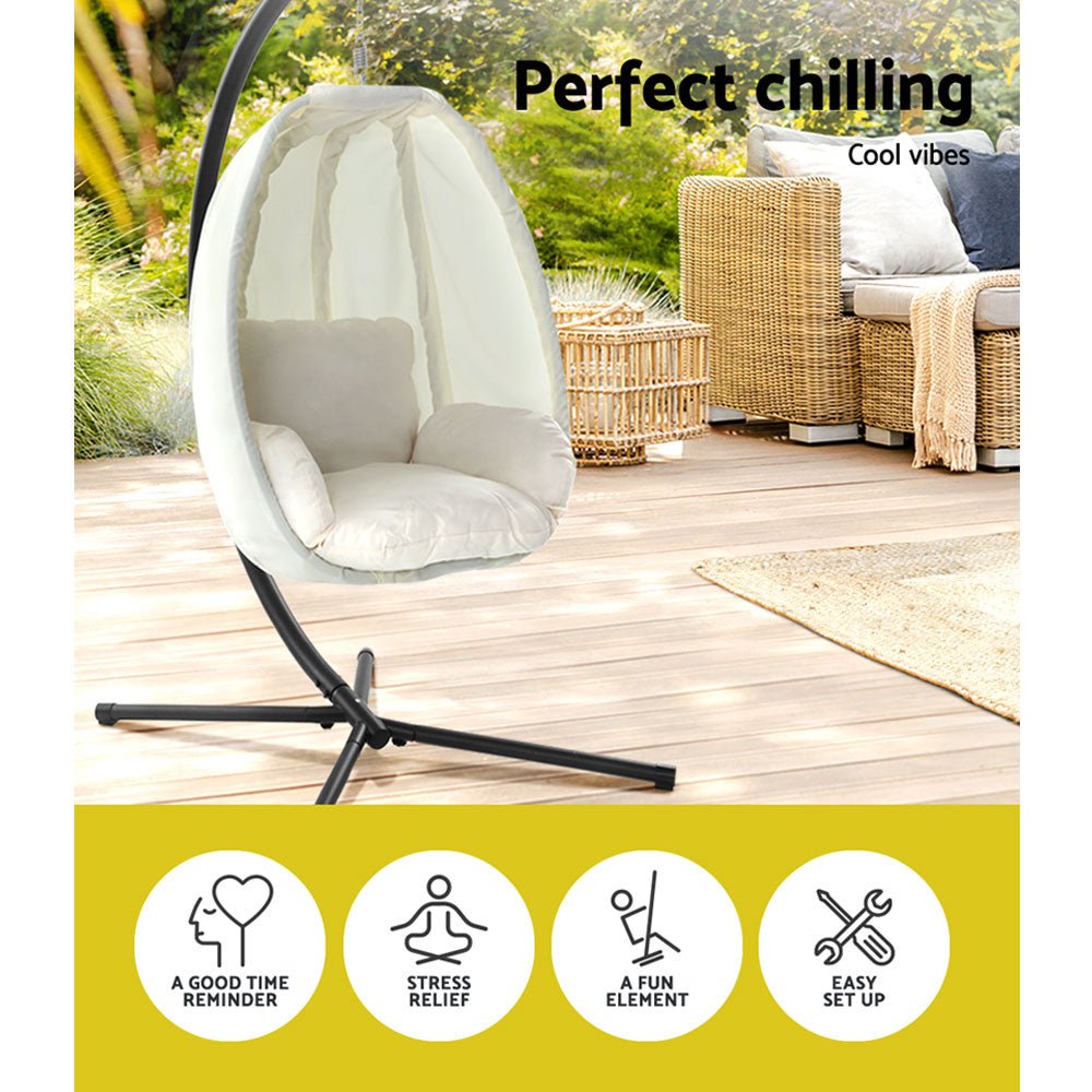 Gardeon Outdoor Egg Swing Chair Patio Furniture Pod Stand Canopy Foldable Cream - Outdoor Immersion