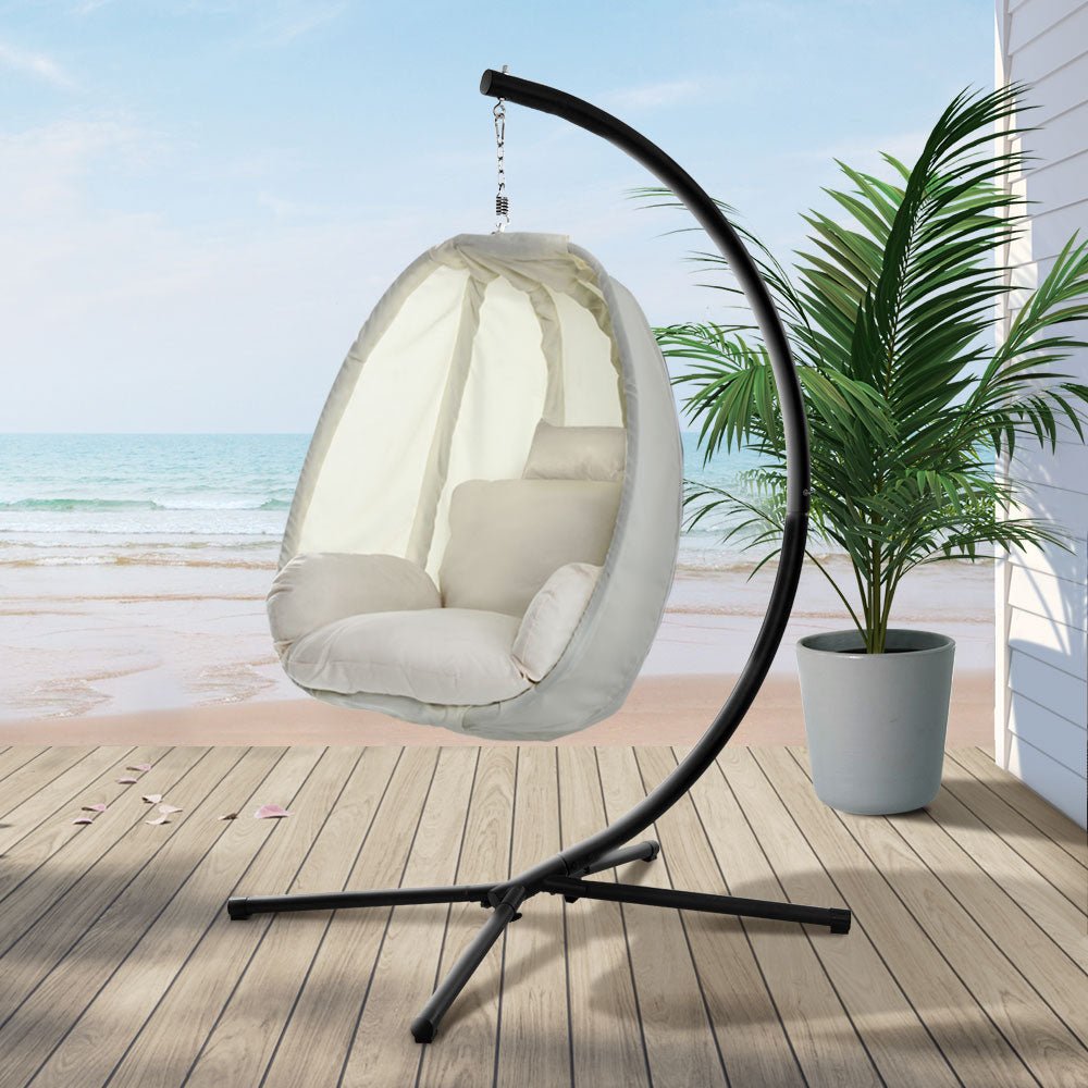 Gardeon Outdoor Egg Swing Chair Patio Furniture Pod Stand Canopy Foldable Cream - Outdoor Immersion