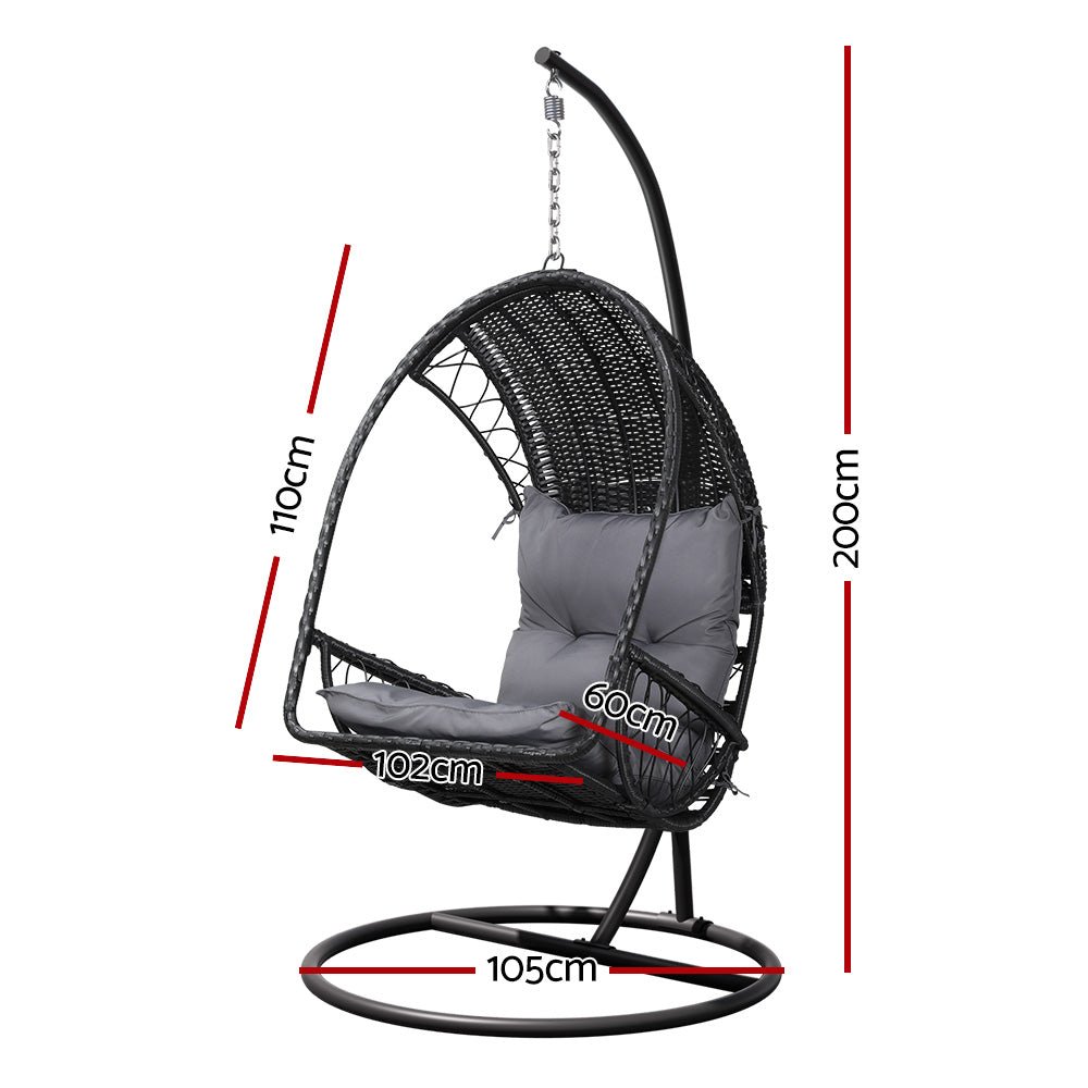 Gardeon Outdoor Egg Swing Chair with Stand Cushion Wicker Armrest Black - Outdoor Immersion