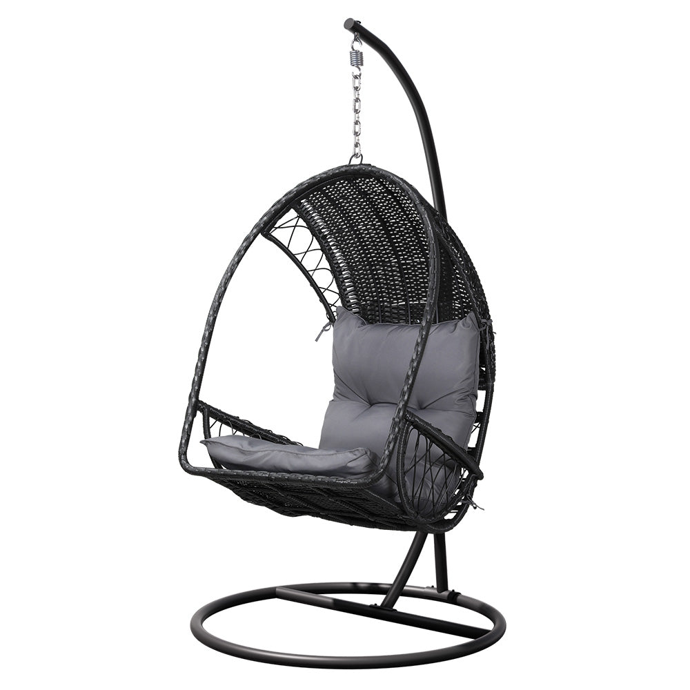 Gardeon Outdoor Egg Swing Chair with Stand Cushion Wicker Armrest Black - Outdoor Immersion