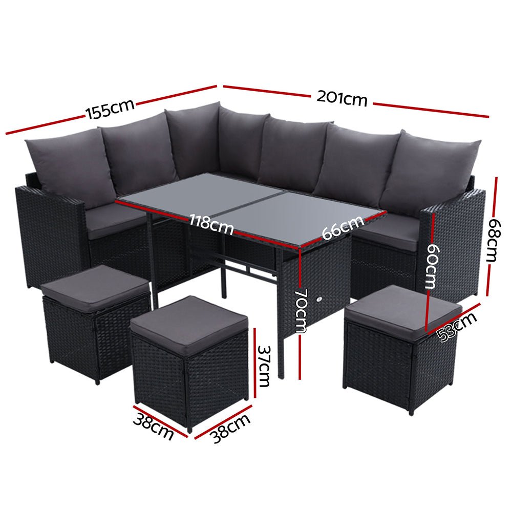 Gardeon Outdoor Furniture Dining Setting Sofa Set Lounge Wicker 9 Seater Black - Outdoor Immersion