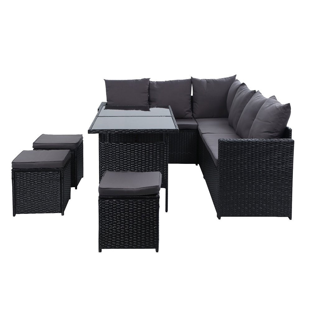 Gardeon Outdoor Furniture Dining Setting Sofa Set Lounge Wicker 9 Seater Black - Outdoor Immersion