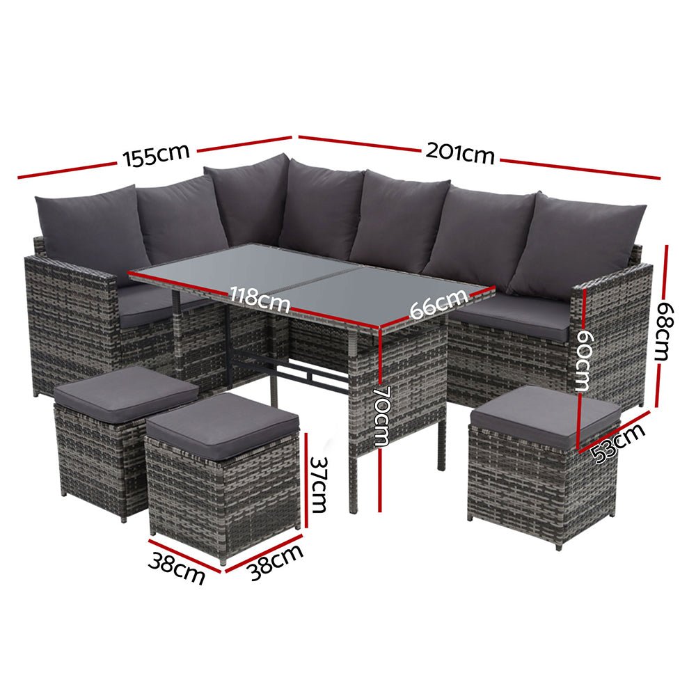 Gardeon Outdoor Furniture Dining Setting Sofa Set Lounge Wicker 9 Seater Mixed Grey - Outdoor Immersion