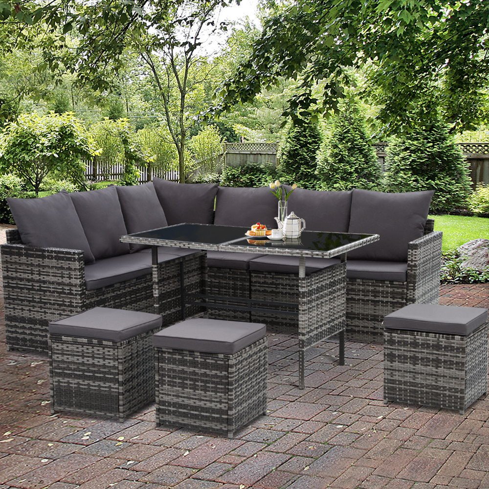 Gardeon Outdoor Furniture Dining Setting Sofa Set Lounge Wicker 9 Seater Mixed Grey - Outdoor Immersion