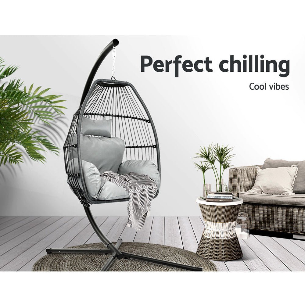 Gardeon Outdoor Furniture Egg Hammock Hanging Swing Chair Stand Pod Wicker Grey - Outdoor Immersion