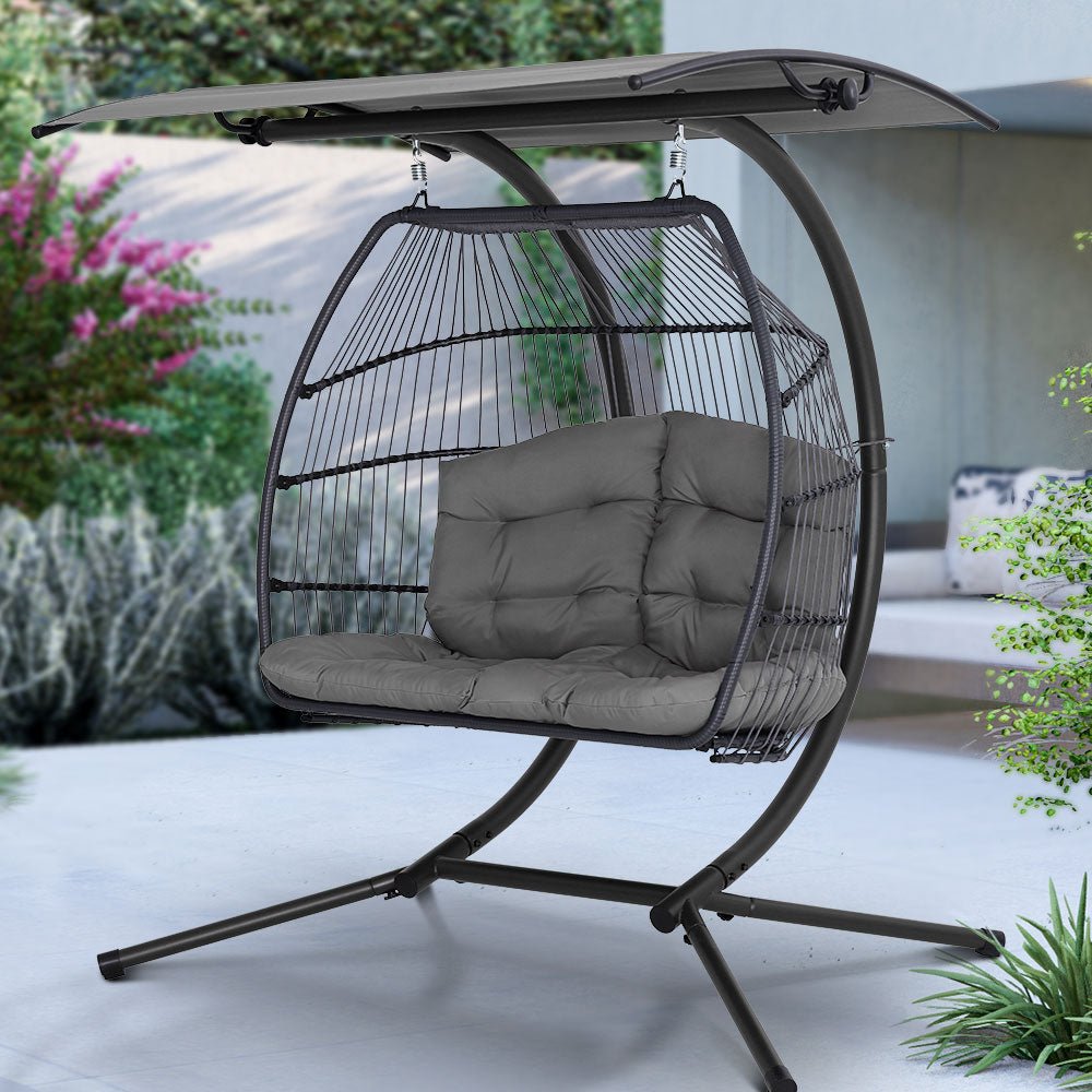 Gardeon Outdoor Furniture Lounge Hanging Swing Chair Egg Hammock Stand Rattan Wicker Grey - Outdoor Immersion