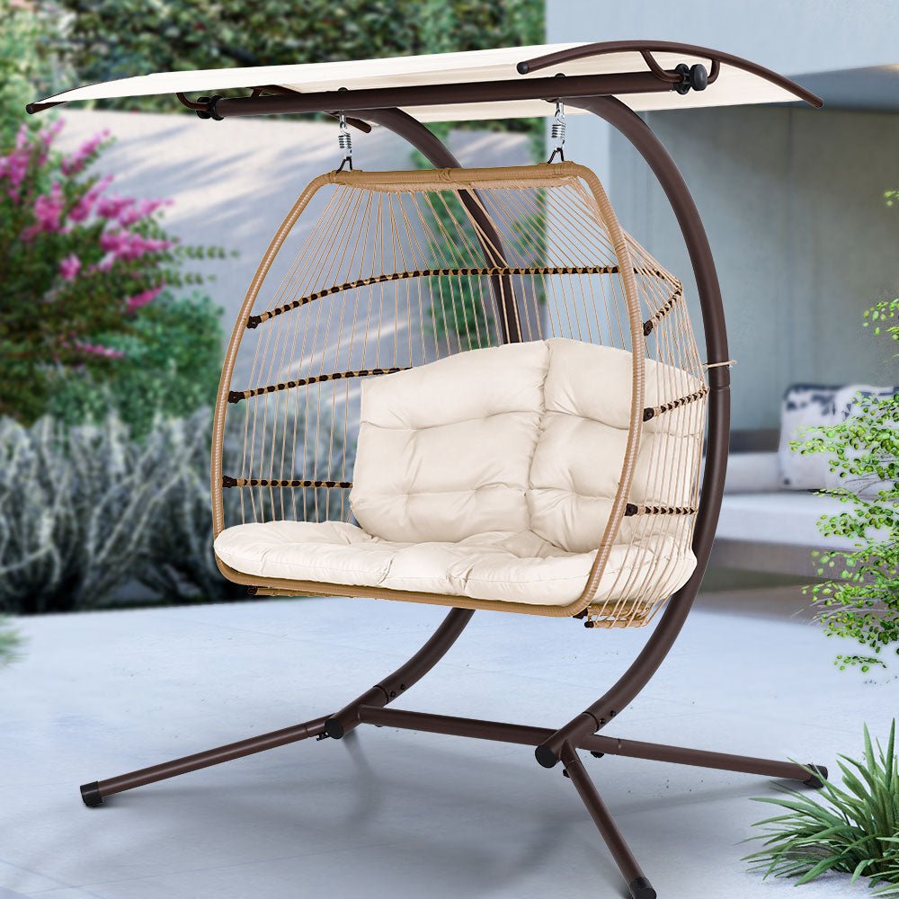 Gardeon Outdoor Furniture Lounge Hanging Swing Chair Egg Hammock Stand Rattan Wicker Latte - Outdoor Immersion