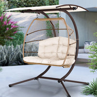 Thumbnail for Gardeon Outdoor Furniture Lounge Hanging Swing Chair Egg Hammock Stand Rattan Wicker Latte - Outdoor Immersion