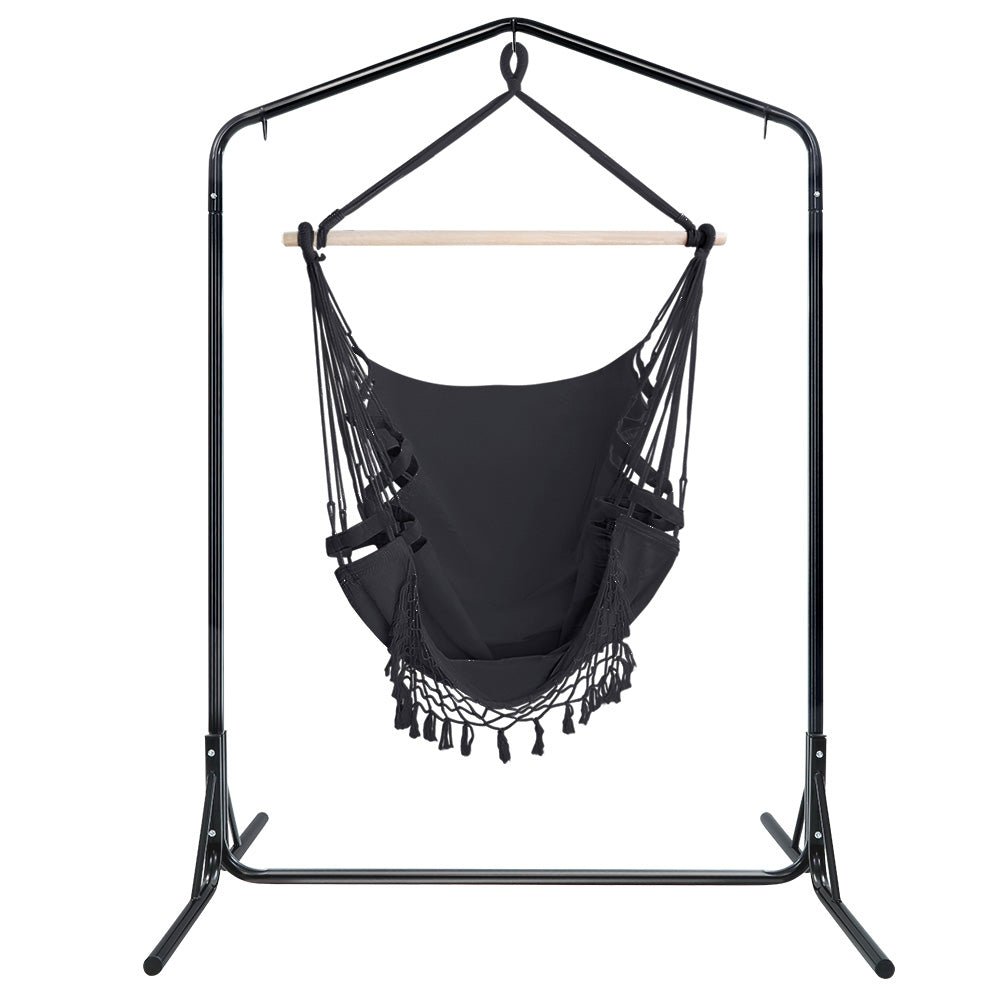 Gardeon Outdoor Hammock Chair with Stand Tassel Hanging Rope Hammocks Grey - Outdoor Immersion