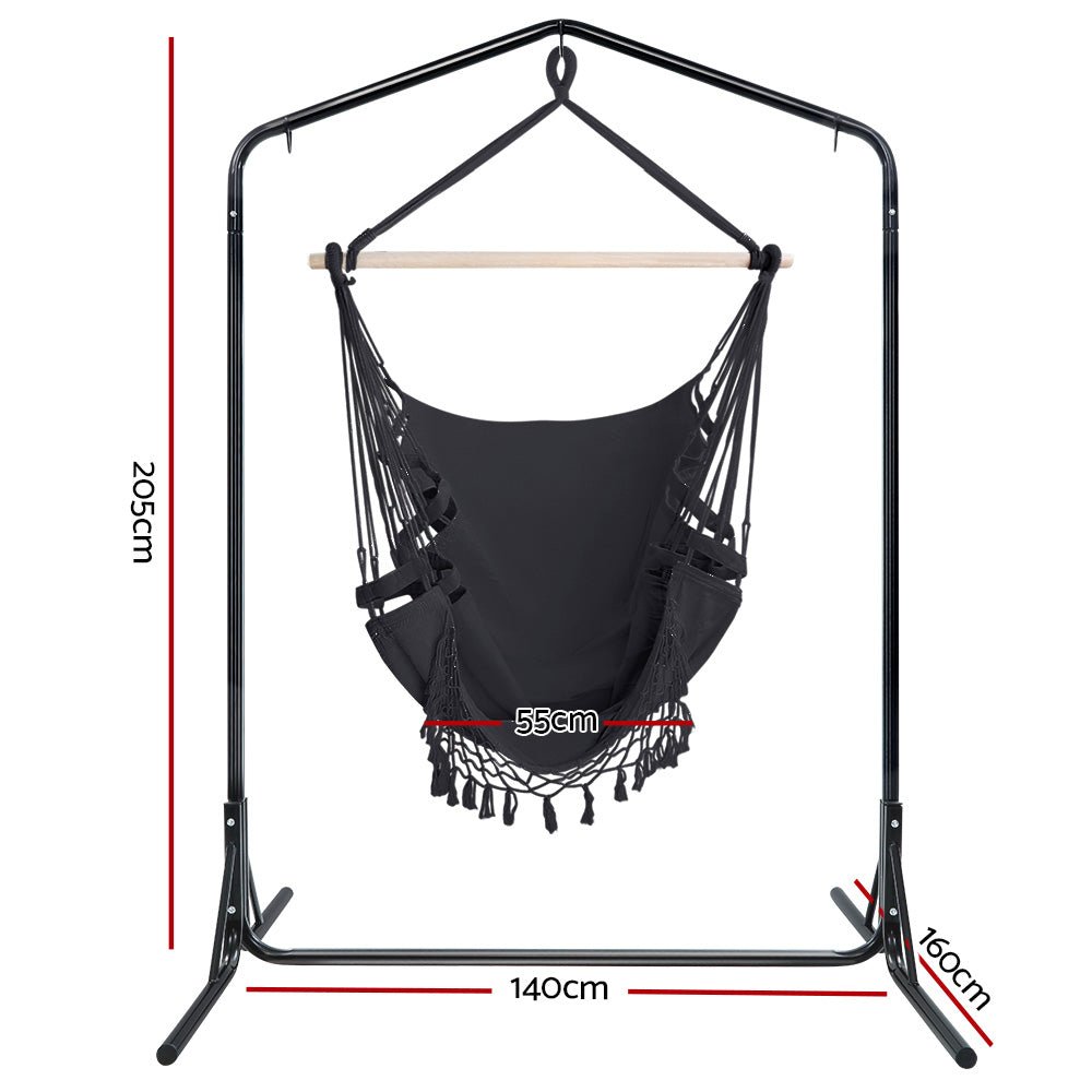 Gardeon Outdoor Hammock Chair with Stand Tassel Hanging Rope Hammocks Grey - Outdoor Immersion