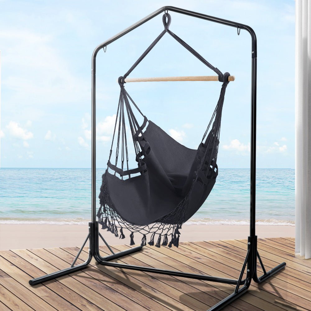 Gardeon Outdoor Hammock Chair with Stand Tassel Hanging Rope Hammocks Grey - Outdoor Immersion