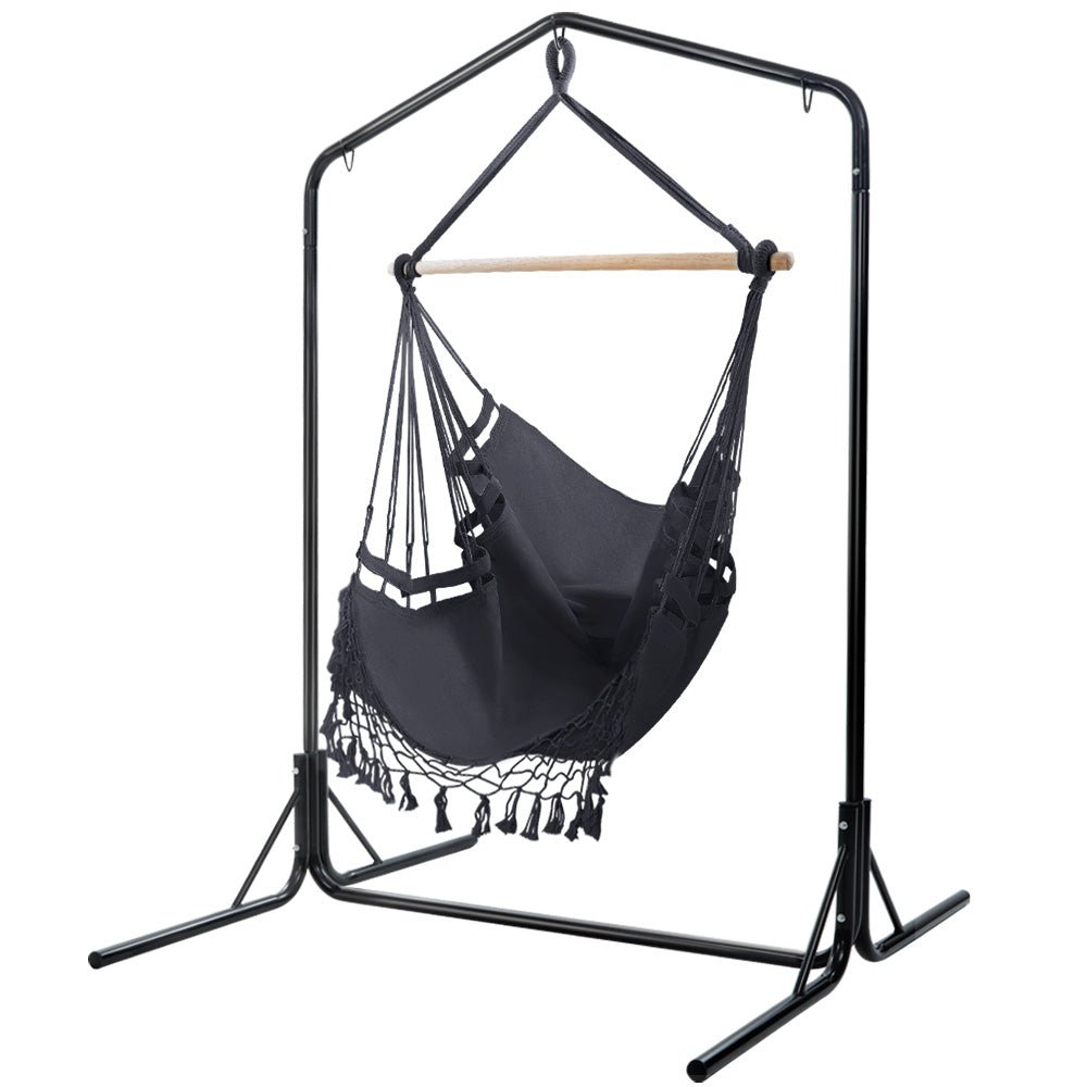 Gardeon Outdoor Hammock Chair with Stand Tassel Hanging Rope Hammocks Grey - Outdoor Immersion