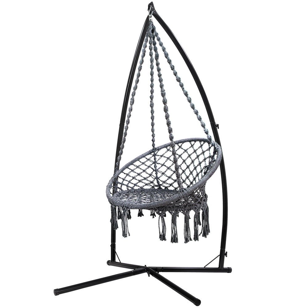 Gardeon Outdoor Hammock Chair with Steel Stand Cotton Swing Hanging 124CM Grey - Outdoor Immersion