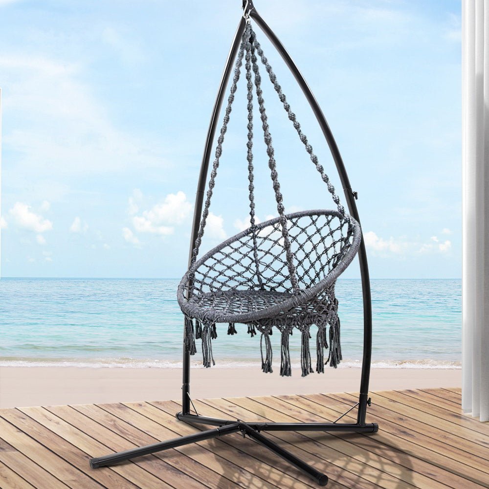 Gardeon Outdoor Hammock Chair with Steel Stand Cotton Swing Hanging 124CM Grey - Outdoor Immersion