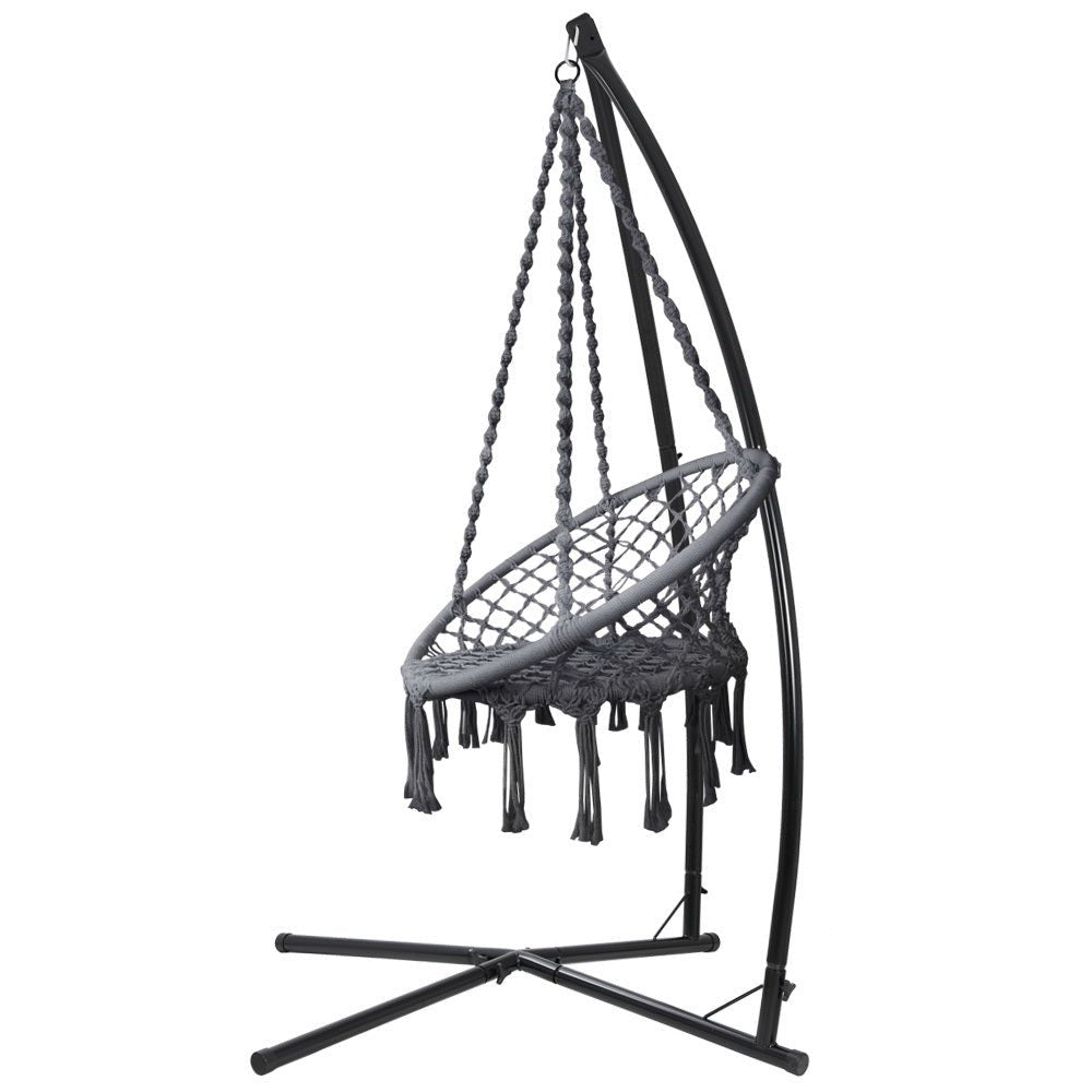 Gardeon Outdoor Hammock Chair with Steel Stand Cotton Swing Hanging 124CM Grey - Outdoor Immersion