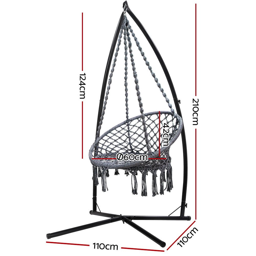 Gardeon Outdoor Hammock Chair with Steel Stand Cotton Swing Hanging 124CM Grey - Outdoor Immersion