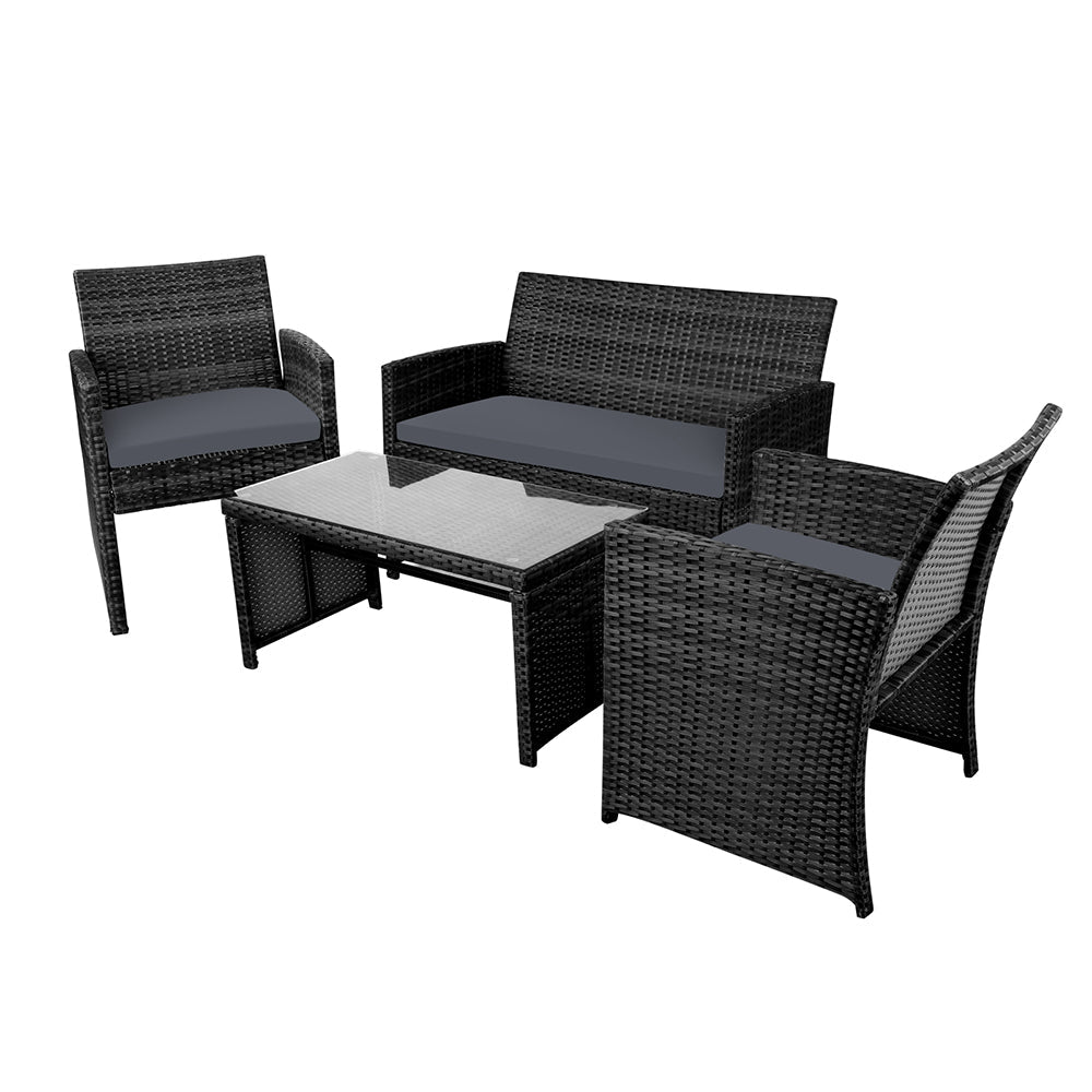 Gardeon Rattan Furniture Outdoor Lounge Setting Wicker Dining Set w/Storage Cover Black - Outdoor Immersion